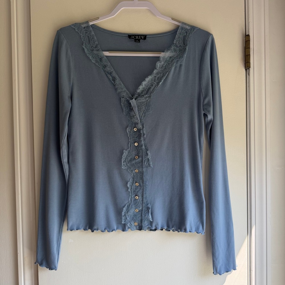 J.Crew Womens Blue Lace Trim V-Neck Button Front Ribbed Cardigan Size M Slim Fit